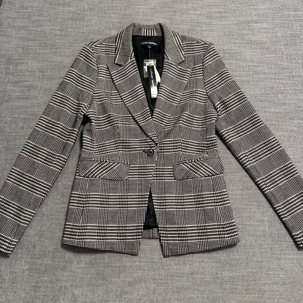 Catherine Malandrino Blazer Womens 6 Black White New Plaid Single Button Lined